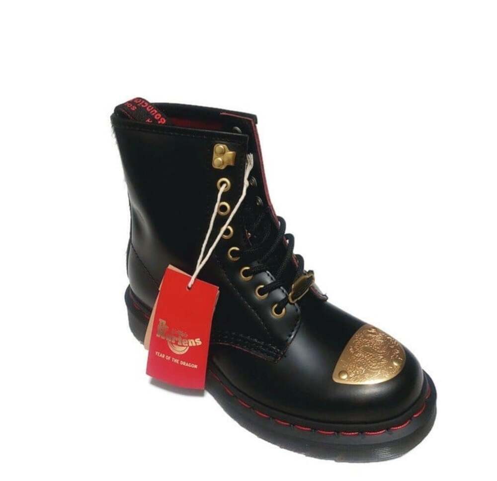 Dr Martens 1460 Year Of the Dragon Black Leather Boots Gold Toe Plate Womens 5